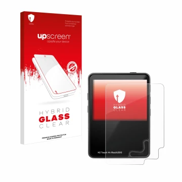 Parte frontal de un envase de producto con el logotipo de la marca upscreen. Al lado se muestra el dispositivo HifiWalker H2 t