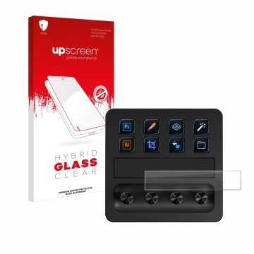Parte frontal de un envase de producto con el logotipo de la marca upscreen. Al lado se muestra el dispositivo Elgato Stream D