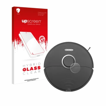 Parte frontal de un envase de producto con el logotipo de la marca upscreen. Al lado se muestra el dispositivo Roborock S8 Lid
