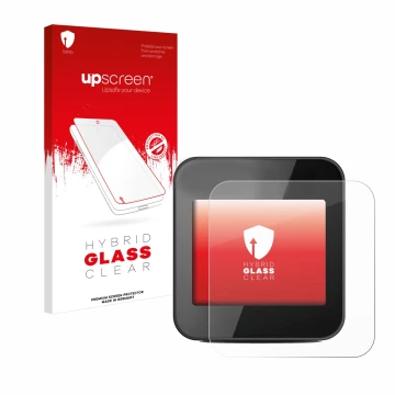 Parte frontal de un envase de producto con el logotipo de la marca upscreen. Al lado se muestra el dispositivo Cycplus GPS G1 