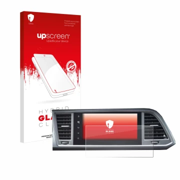 Parte frontal de un envase de producto con el logotipo de la marca upscreen. Al lado se muestra el dispositivo Seat Ateca Styl