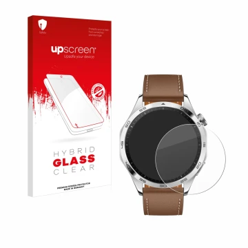 Parte frontal de un envase de producto con el logotipo de la marca upscreen. Al lado se muestra el dispositivo Huawei Watch GT