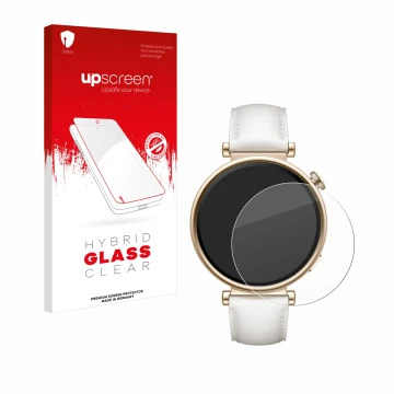 Parte frontal de un envase de producto con el logotipo de la marca upscreen. Al lado se muestra el dispositivo Huawei Watch GT