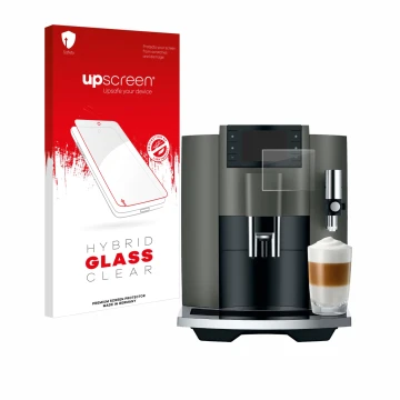 Parte frontal de un envase de producto con el logotipo de la marca upscreen. Al lado se muestra el dispositivo Jura E8 (EC) co