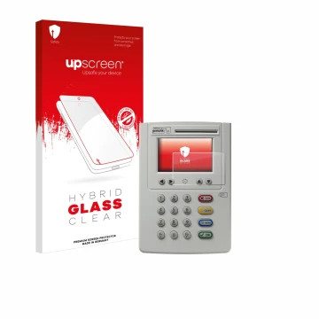 Parte frontal de un envase de producto con el logotipo de la marca upscreen. Al lado se muestra el dispositivo ingenico eHealt