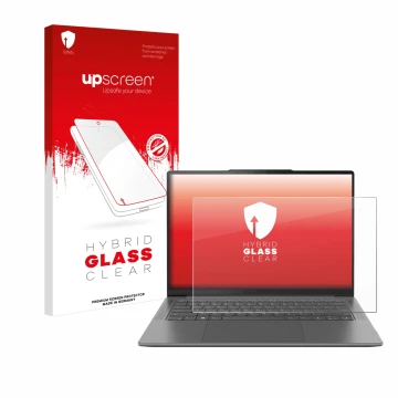 Parte frontal de un envase de producto con el logotipo de la marca upscreen. Al lado se muestra el dispositivo Lenovo Yoga Pro