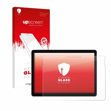 Parte frontal de un envase de producto con el logotipo de la marca upscreen. Al lado se muestra el dispositivo Microsoft Surfa