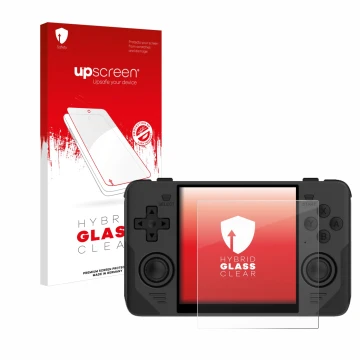 Parte frontal de un envase de producto con el logotipo de la marca upscreen. Al lado se muestra el dispositivo Powkiddy RGB30 