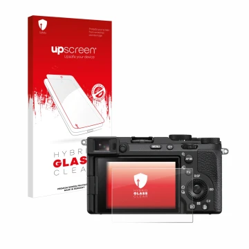 Parte frontal de un envase de producto con el logotipo de la marca upscreen. Al lado se muestra el dispositivo Sony Alpha 7CR 