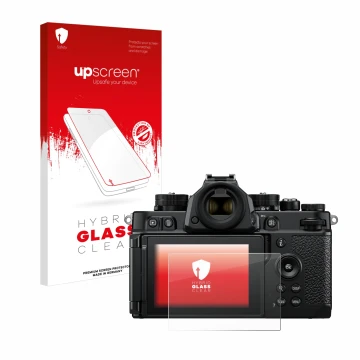 Parte frontal de un envase de producto con el logotipo de la marca upscreen. Al lado se muestra el dispositivo Nikon Z F con s