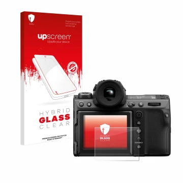 Parte frontal de un envase de producto con el logotipo de la marca upscreen. Al lado se muestra el dispositivo Fujifilm GFX100