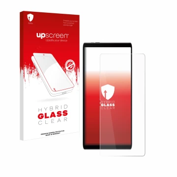 Parte frontal de un envase de producto con el logotipo de la marca upscreen. Al lado se muestra el dispositivo Samsung Galaxy 