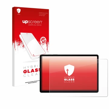 Parte frontal de un envase de producto con el logotipo de la marca upscreen. Al lado se muestra el dispositivo Samsung Galaxy 