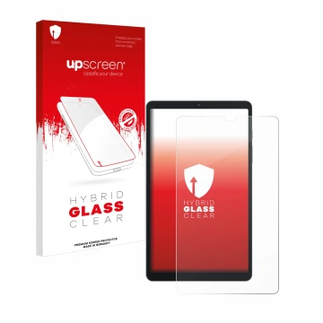 Parte frontal de un envase de producto con el logotipo de la marca upscreen. Al lado se muestra el dispositivo Blackview Tab 6