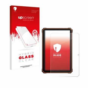 Parte frontal de un envase de producto con el logotipo de la marca upscreen. Al lado se muestra el dispositivo Blackview Activ