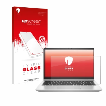 Parte frontal de un envase de producto con el logotipo de la marca upscreen. Al lado se muestra el dispositivo HP EliteBook 64