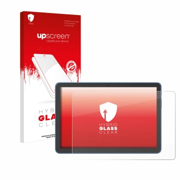 Parte frontal de un envase de producto con el logotipo de la marca upscreen. Al lado se muestra el dispositivo Amazon Fire HD 