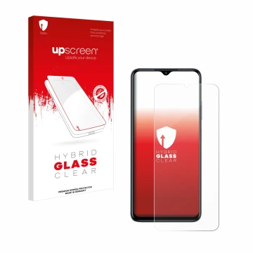 Parte frontal de un envase de producto con el logotipo de la marca upscreen. Al lado se muestra el dispositivo Infinix Hot 30i