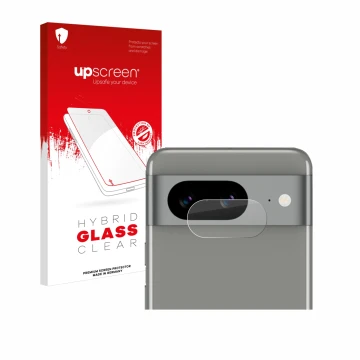 Parte frontal de un envase de producto con el logotipo de la marca upscreen. Al lado se muestra el dispositivo Google Pixel 8 