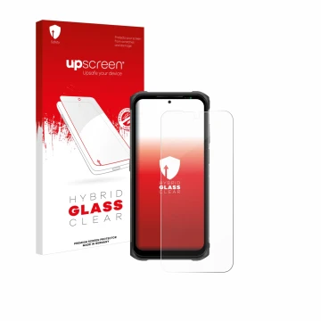 Parte frontal de un envase de producto con el logotipo de la marca upscreen. Al lado se muestra el dispositivo Ulefone Armor 1