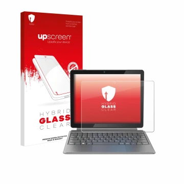Parte frontal de un envase de producto con el logotipo de la marca upscreen. Al lado se muestra el dispositivo Alldocube iWork
