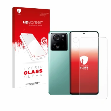 Parte frontal de un envase de producto con el logotipo de la marca upscreen. Al lado se muestra el dispositivo Xiaomi 13T (Fro