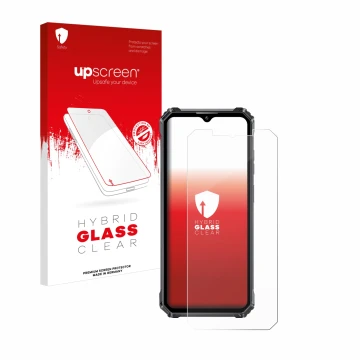 Parte frontal de un envase de producto con el logotipo de la marca upscreen. Al lado se muestra el dispositivo Oukitel WP28 co