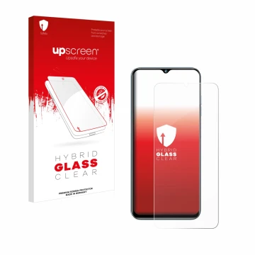 Parte frontal de un envase de producto con el logotipo de la marca upscreen. Al lado se muestra el dispositivo Oukitel C36 (20