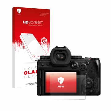 Parte frontal de un envase de producto con el logotipo de la marca upscreen. Al lado se muestra el dispositivo Panasonic Lumix