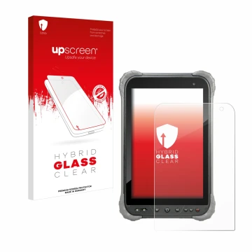 Parte frontal de un envase de producto con el logotipo de la marca upscreen. Al lado se muestra el dispositivo Juniper Systems