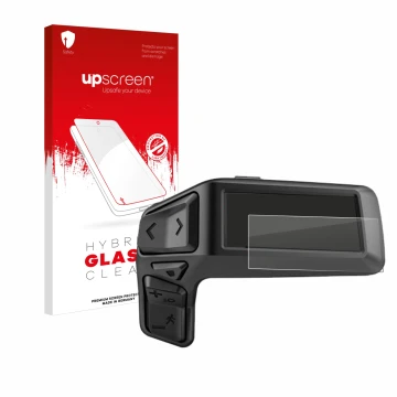 Parte frontal de un envase de producto con el logotipo de la marca upscreen. Al lado se muestra el dispositivo Bosch Purion 20