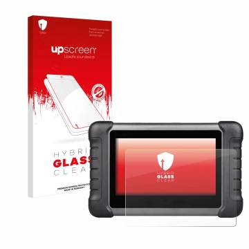 Parte frontal de un envase de producto con el logotipo de la marca upscreen. Al lado se muestra el dispositivo Autel MaxiCheck