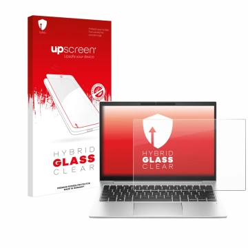 Parte frontal de un envase de producto con el logotipo de la marca upscreen. Al lado se muestra el dispositivo HP EliteBook 83
