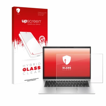 Parte frontal de un envase de producto con el logotipo de la marca upscreen. Al lado se muestra el dispositivo HP EliteBook 84