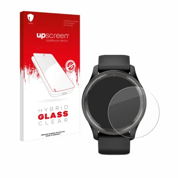 Parte frontal de un envase de producto con el logotipo de la marca upscreen. Al lado se muestra el dispositivo Garmin Vivomove