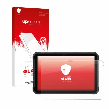 Parte frontal de un envase de producto con el logotipo de la marca upscreen. Al lado se muestra el dispositivo Ulefone Armor P