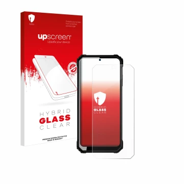 Parte frontal de un envase de producto con el logotipo de la marca upscreen. Al lado se muestra el dispositivo Oukitel WP23 co