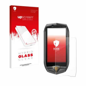 Parte frontal de un envase de producto con el logotipo de la marca upscreen. Al lado se muestra el dispositivo Oukitel K16 con