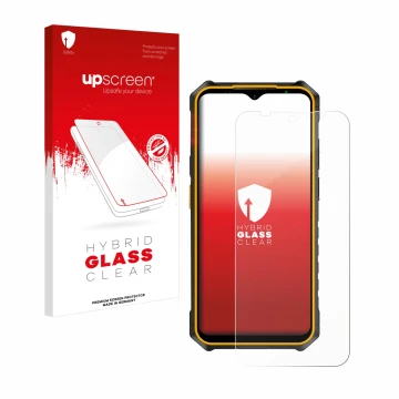 Parte frontal de un envase de producto con el logotipo de la marca upscreen. Al lado se muestra el dispositivo Ulefone Armor X