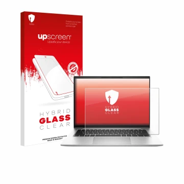Parte frontal de un envase de producto con el logotipo de la marca upscreen. Al lado se muestra el dispositivo HP EliteBook 84