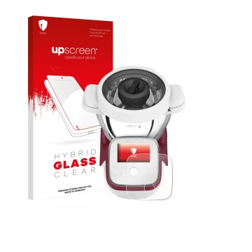Parte frontal de un envase de producto con el logotipo de la marca upscreen. Al lado se muestra el dispositivo Moulinex i-Comp