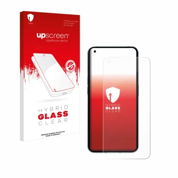 Parte frontal de un envase de producto con el logotipo de la marca upscreen. Al lado se muestra el dispositivo Nothing Phone (