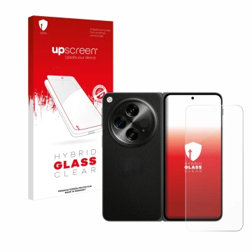 Parte frontal de un envase de producto con el logotipo de la marca upscreen. Al lado se muestra el dispositivo OnePlus Open co