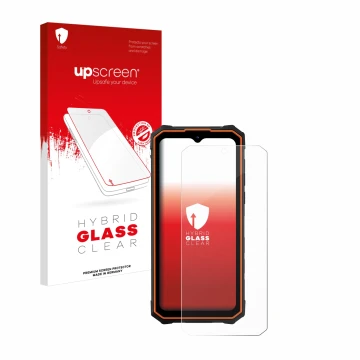 Parte frontal de un envase de producto con el logotipo de la marca upscreen. Al lado se muestra el dispositivo Hotwav Cyber 13