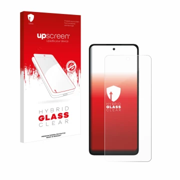 Parte frontal de un envase de producto con el logotipo de la marca upscreen. Al lado se muestra el dispositivo TCL 40 NXTPAPER