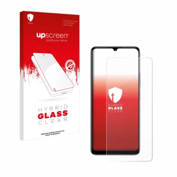 Parte frontal de un envase de producto con el logotipo de la marca upscreen. Al lado se muestra el dispositivo TCL 40 SE con s