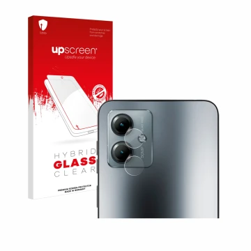 Parte frontal de un envase de producto con el logotipo de la marca upscreen. Al lado se muestra el dispositivo Motorola Moto G