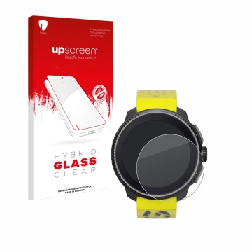 Parte frontal de un envase de producto con el logotipo de la marca upscreen. Al lado se muestra el dispositivo Suunto Race con