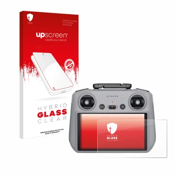 Parte frontal de un envase de producto con el logotipo de la marca upscreen. Al lado se muestra el dispositivo DJI RC 2 con su