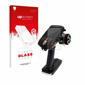 Parte frontal de un envase de producto con el logotipo de la marca upscreen. Al lado se muestra el dispositivo RadioLink RC8X 